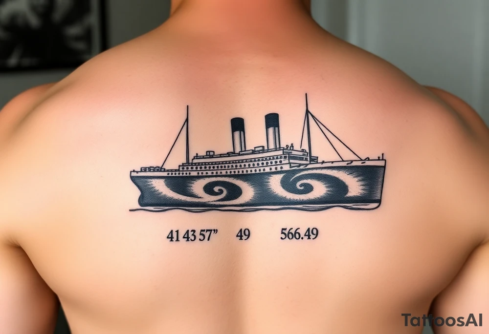 Ship image of Titanic with coordinates 41 43' 57" N 49 56' 49" W tattoo idea