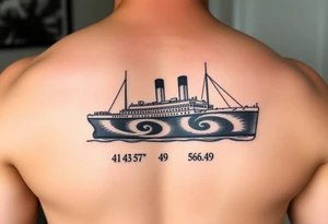 Ship image of Titanic with coordinates 41 43' 57" N 49 56' 49" W tattoo idea