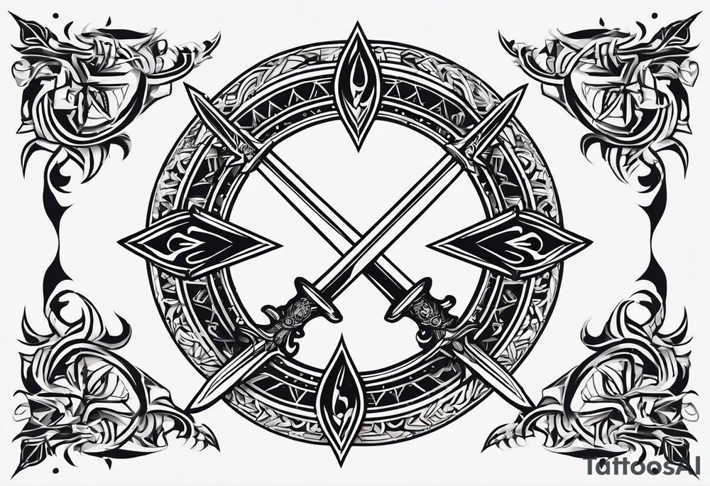 minimal cyber sigilism round pointy swords shoulder design tattoo idea