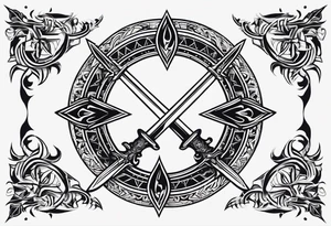 minimal cyber sigilism round pointy swords shoulder design tattoo idea
