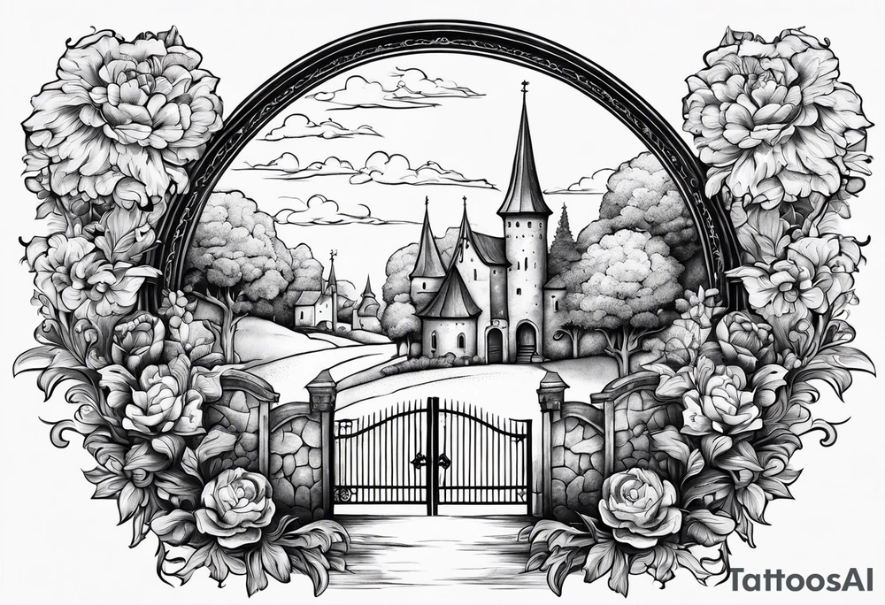 night medieval town garden gate entrance 
 in circle vignette surrounded by clouds floral tattoo idea