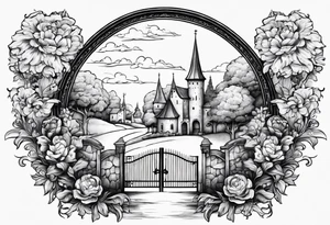 night medieval town garden gate entrance 
 in circle vignette surrounded by clouds floral tattoo idea