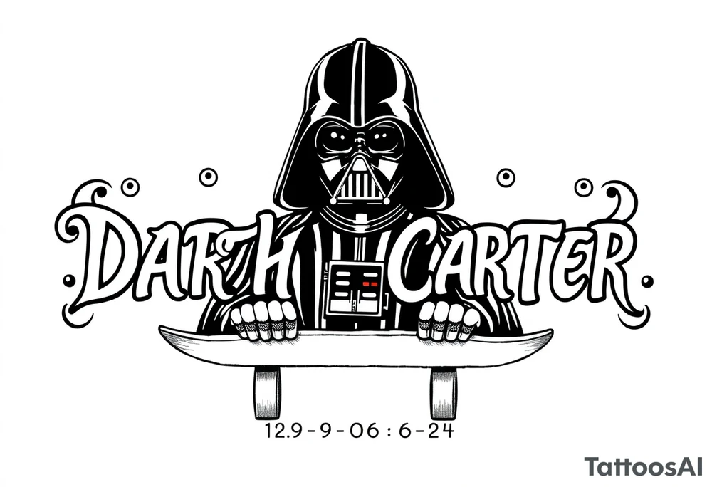 Skateboarding Darth Vader
WORDS in star wars font "Darth Carter"
12/29/88-01/06/24 tattoo idea
