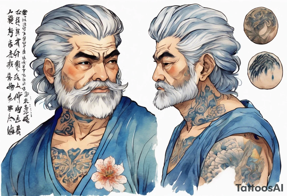 a handsome persian middle-aged man with short salt-and-pepper hair wearing a blue tunic tattoo idea