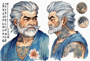 a handsome persian middle-aged man with short salt-and-pepper hair wearing a blue tunic tattoo idea