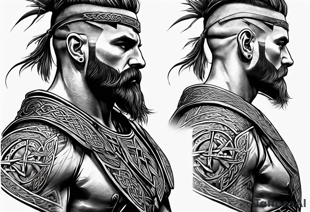 Full body side profile of a celtic warrior with weapons tattoo idea