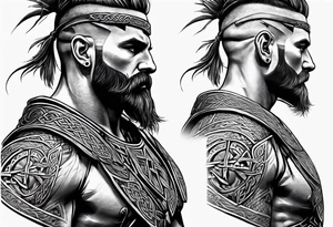 Full body side profile of a celtic warrior with weapons tattoo idea