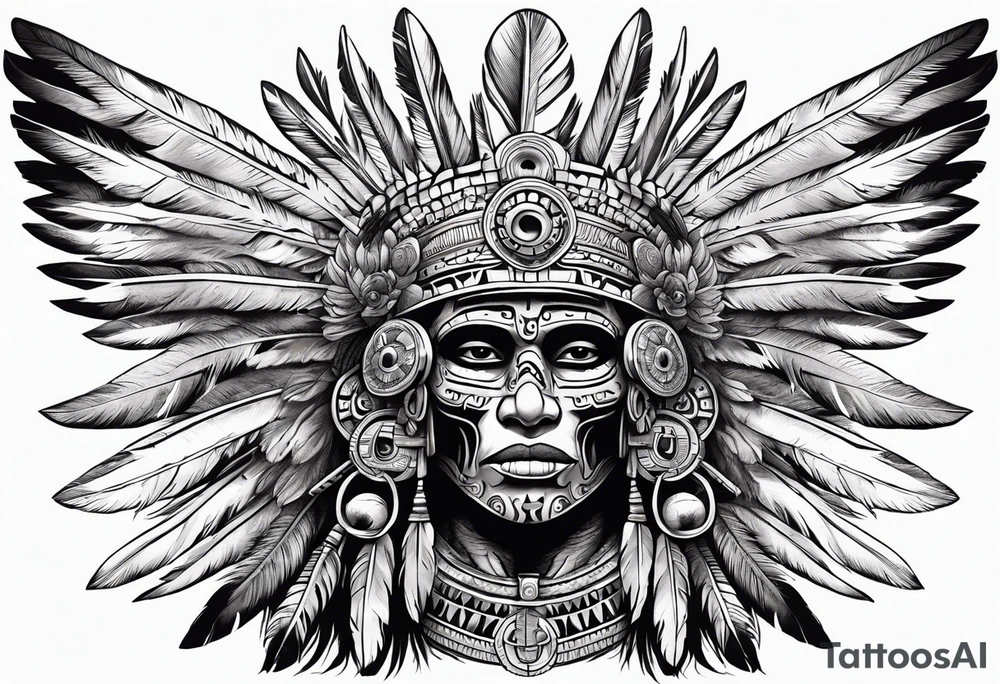 aztec god of death Mictlantecuhtli with long feathers around his head tattoo idea