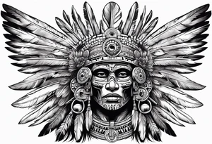 aztec god of death Mictlantecuhtli with long feathers around his head tattoo idea
