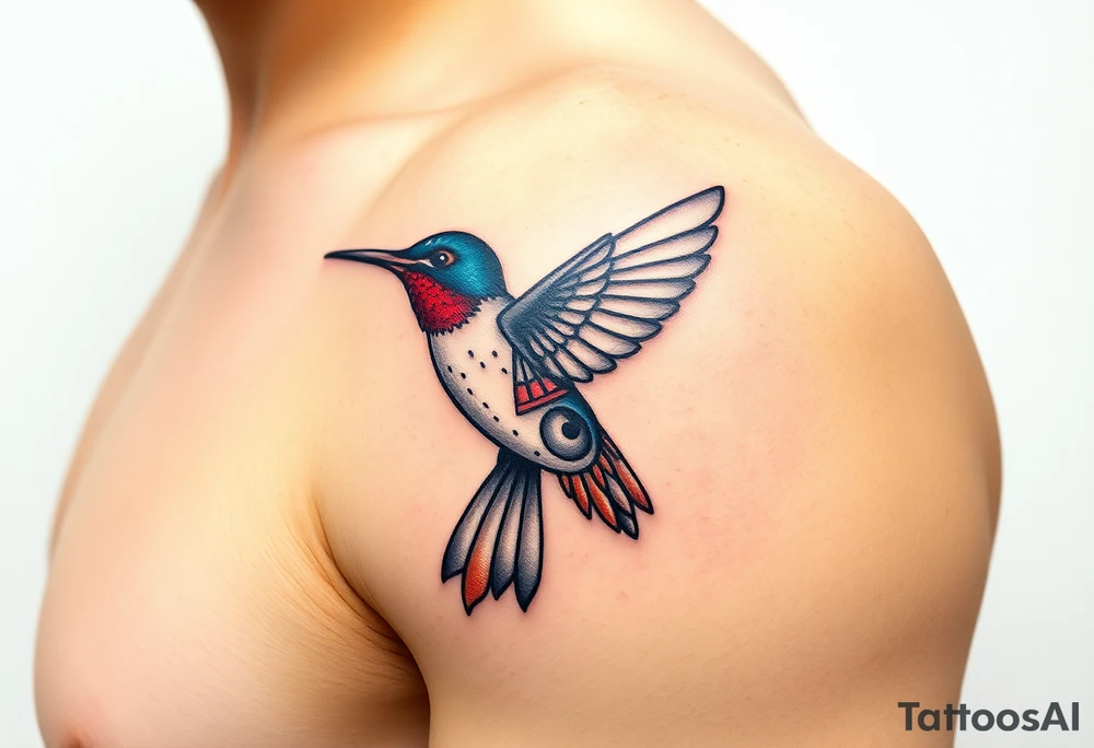 A hummingbird made of sand and hieroglyphs(only red , blue and black are possible colors) tattoo idea