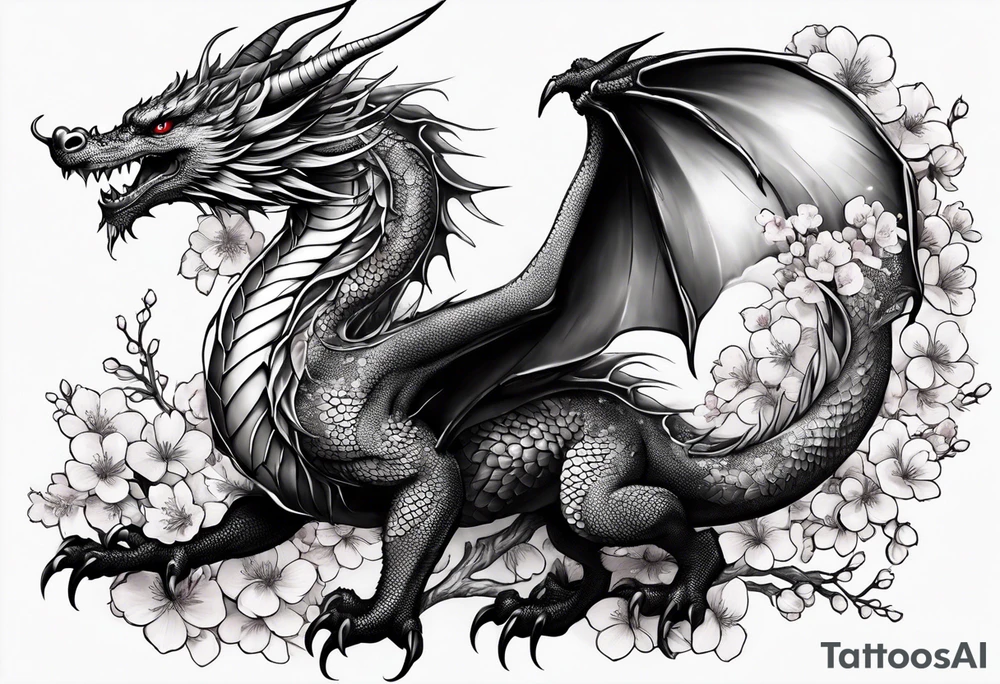 A dragon with wings covered in cherry blossoms on the thigh tattoo idea