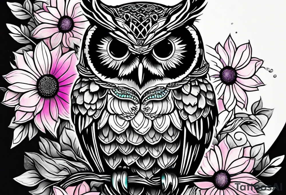 Leg Sleeve with black and white owl that's lightly shaded teal, pink and purple and yellow sunflowers tattoo idea