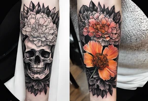 Left forearm tattoo of sunset and carnations on the outside of the forearm and on the inside there will be marigolds and a small skull tattoo idea