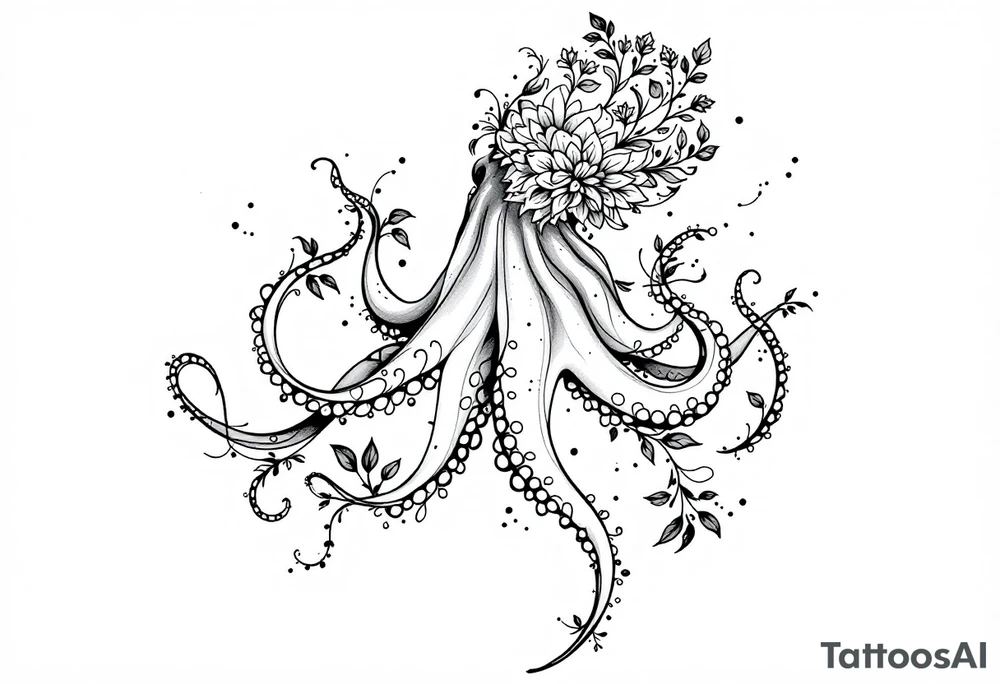realistic octopus, detailed linework, intricate, black-and-grey shading, elegant floral vine, intertwining tentacles, thin black swirling lines, semi-transparent brown leaves, delicate mandala flower, dotwork, ornamental flourishes, radiating design, fine-line style, minimalistic, organic flow, feminine, artistic, slightly surreal, seamless composition, marine botanical fusion, lifelike texture, graceful rhythm, natural growth integration, body-following design, smooth shading, soft leaves wrapping, blooming shoulder flower, outward radiating pattern, vine tentacle flow, integrated sea creature, botanical octopus curved body placement, natural organic movement tattoo idea