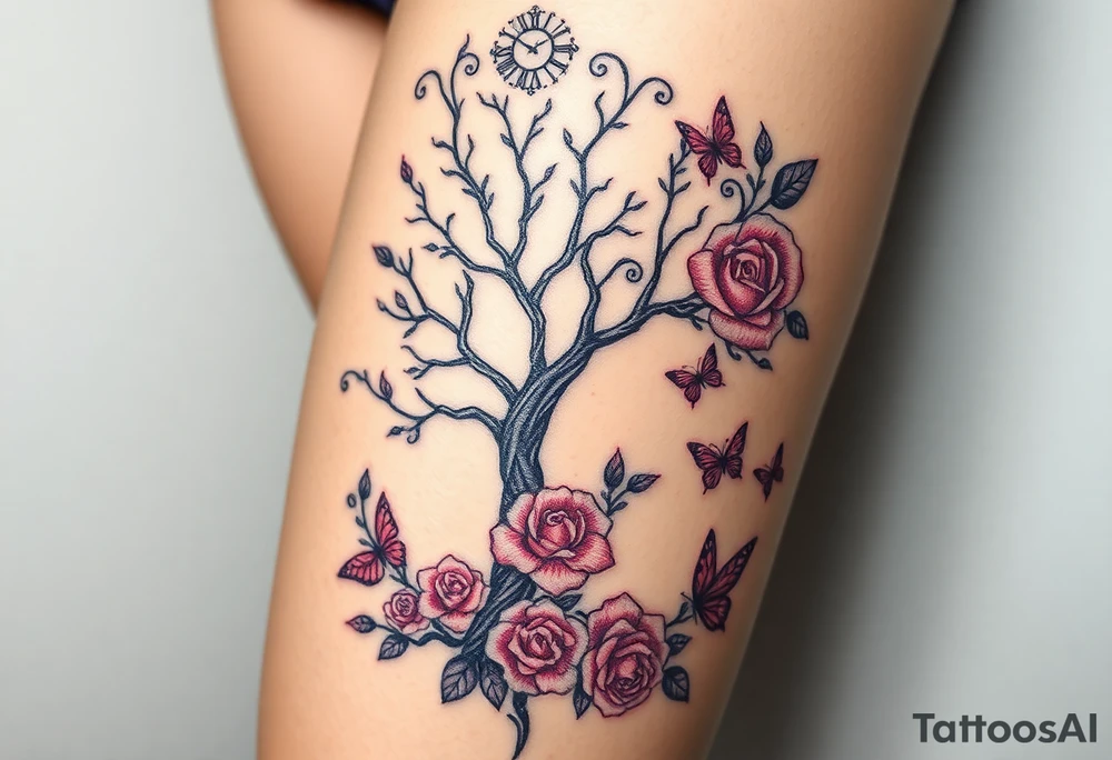 a big clock, big poisoned tree, big and small roses, big and small butterflies tattoo idea