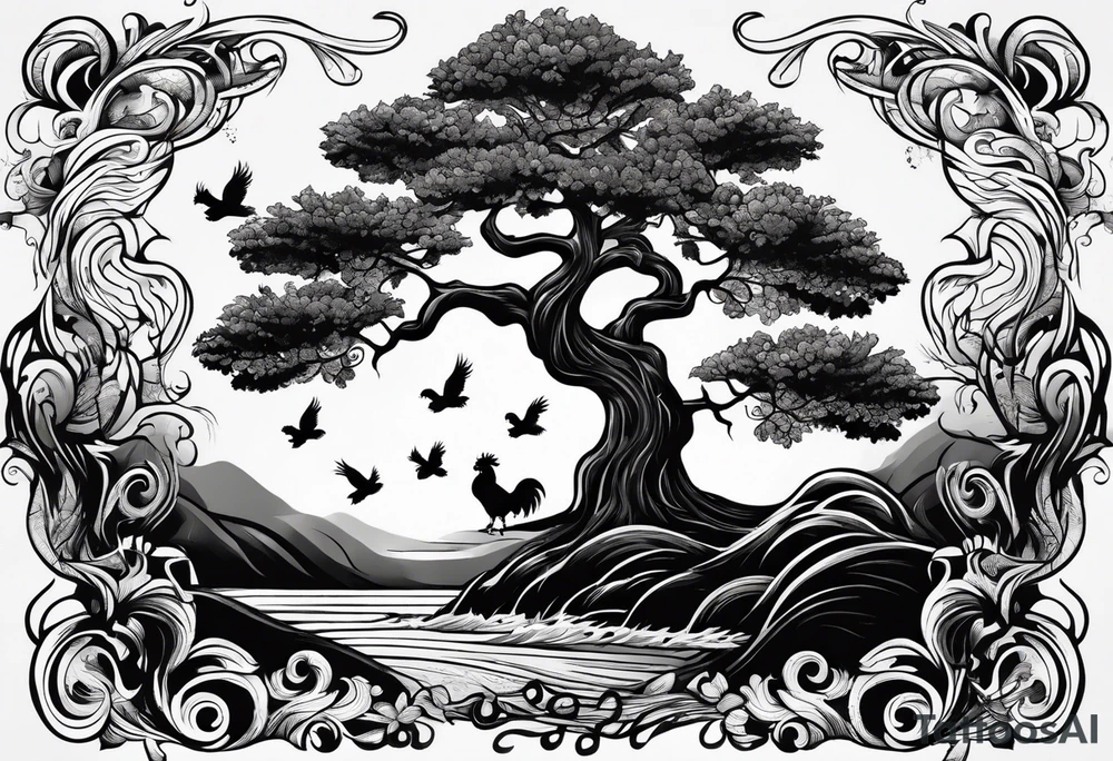 oak tree with rooster and roots and waves and three birds tattoo idea