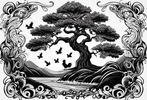 oak tree with rooster and roots and waves and three birds tattoo idea