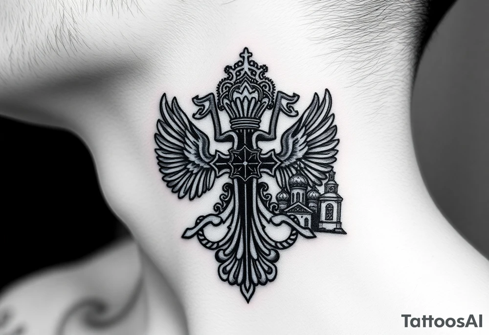 russian coat arms in a russian christian orthodox cross with the cross in the middle with a virgin mary & orthodox dome church on the side of the neck tattoo idea