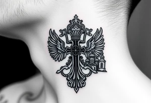 russian coat arms in a russian christian orthodox cross with the cross in the middle with a virgin mary & orthodox dome church on the side of the neck tattoo idea