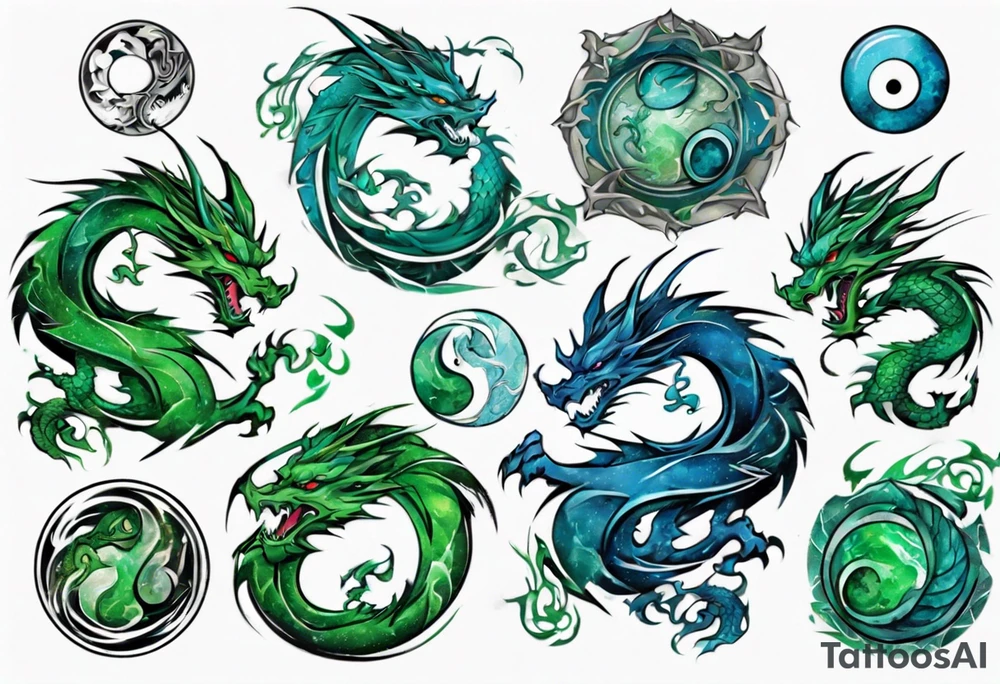 ying yang dragon stones blue & green tattoo idea