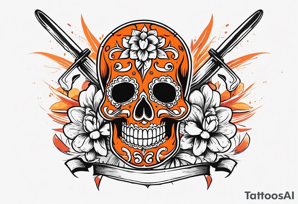 Orange Sugar skull with knifes that are orange and red with smoke around it tattoo idea