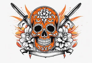 Orange Sugar skull with knifes that are orange and red with smoke around it tattoo idea