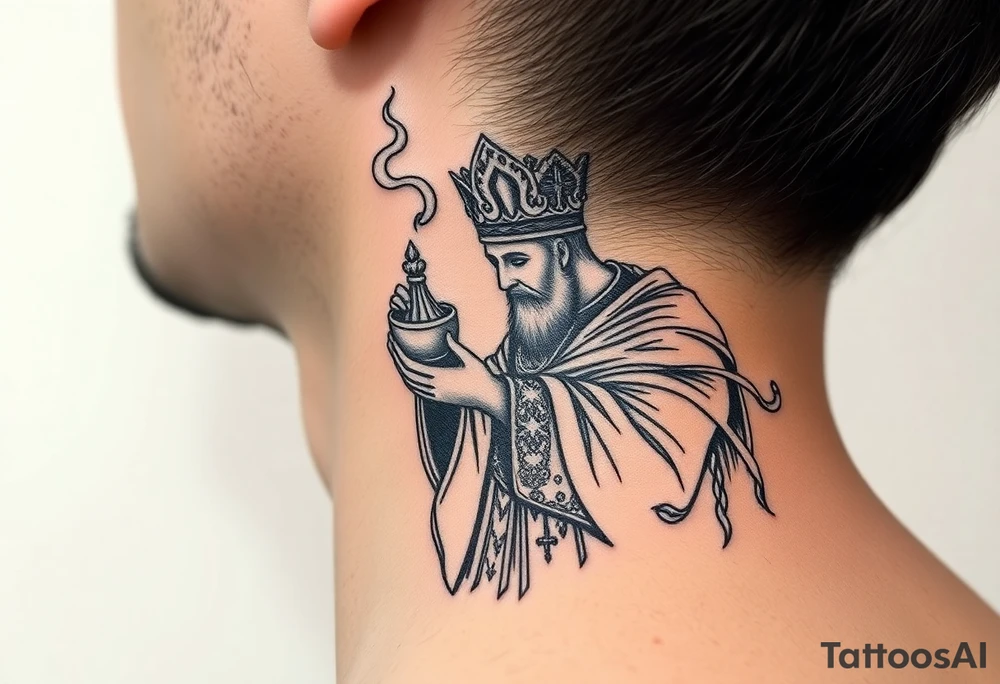 Russian Orthodox Priest in a fully detailed gold vestment swinging a censer with smoke curling upward tattoo idea