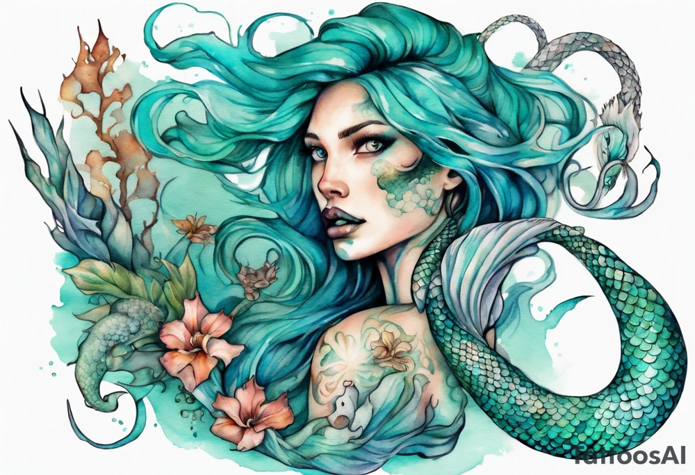 a mermaid serpent hybrid with turquoise scales by the ocean tattoo idea