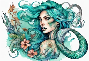 a mermaid serpent hybrid with turquoise scales by the ocean tattoo idea