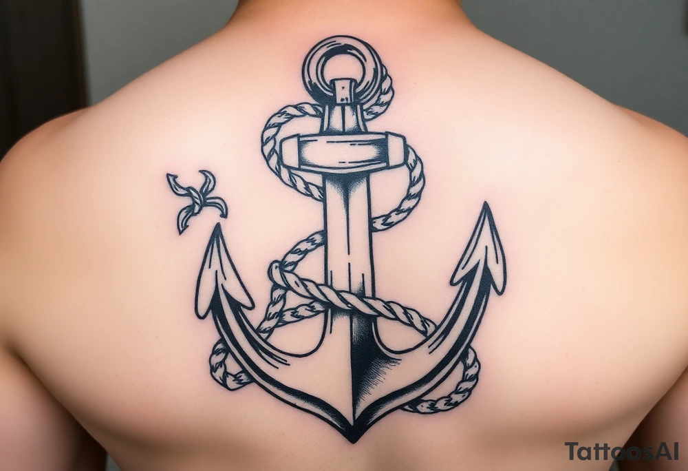 weathered anchor wrapped in nautical rope with sea waves tattoo idea