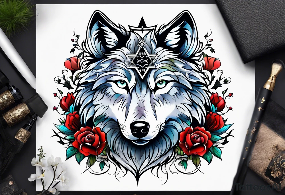 Wolf, flower, cross tattoo idea