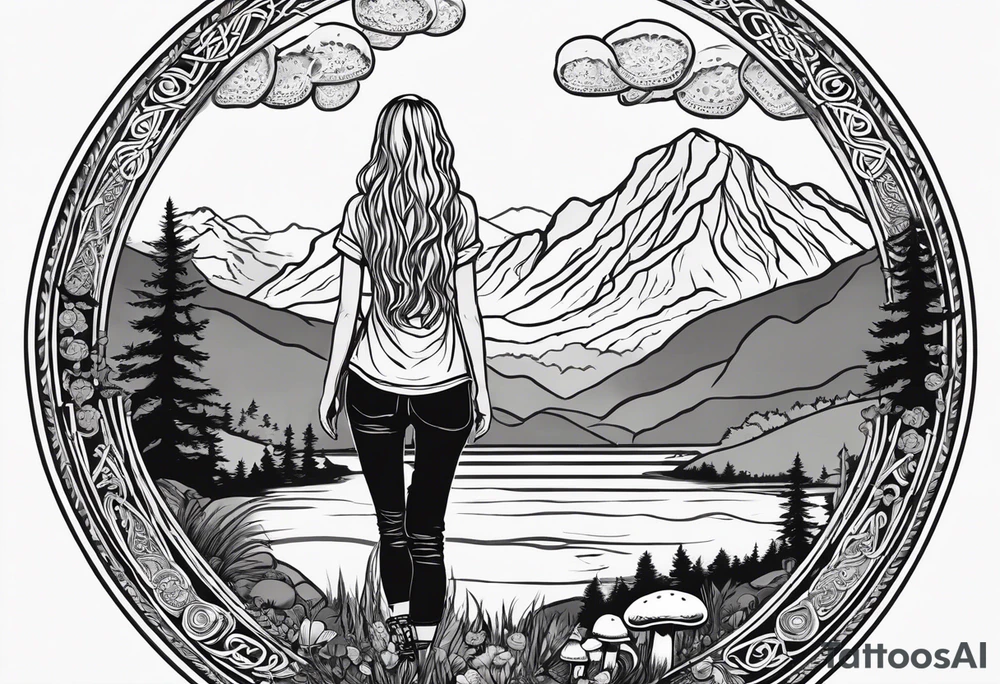 Whole picture encircled fully

Straight long blonde hair hippie girl in distance holding mushrooms in hand facing away toward mountains and creek surrounded by mushrooms long sleeve shirt and hiking pants; whole rendering within a full celtic circle border, no cut off circle tattoo idea