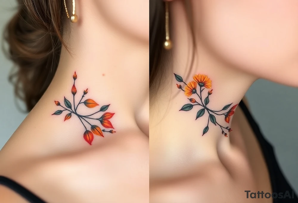 Two separate collarbone tattoos of long, thin stems and branches covered with red, orange, yellow and dark forest green leaves and flowers, fall themed, muted, delicate and gentle but moody, long and thin, following the collarbone. tattoo idea