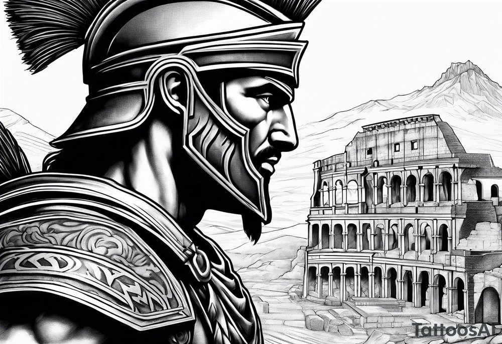 Side profile Spartan Solider ancient roman city in the background tattoo idea