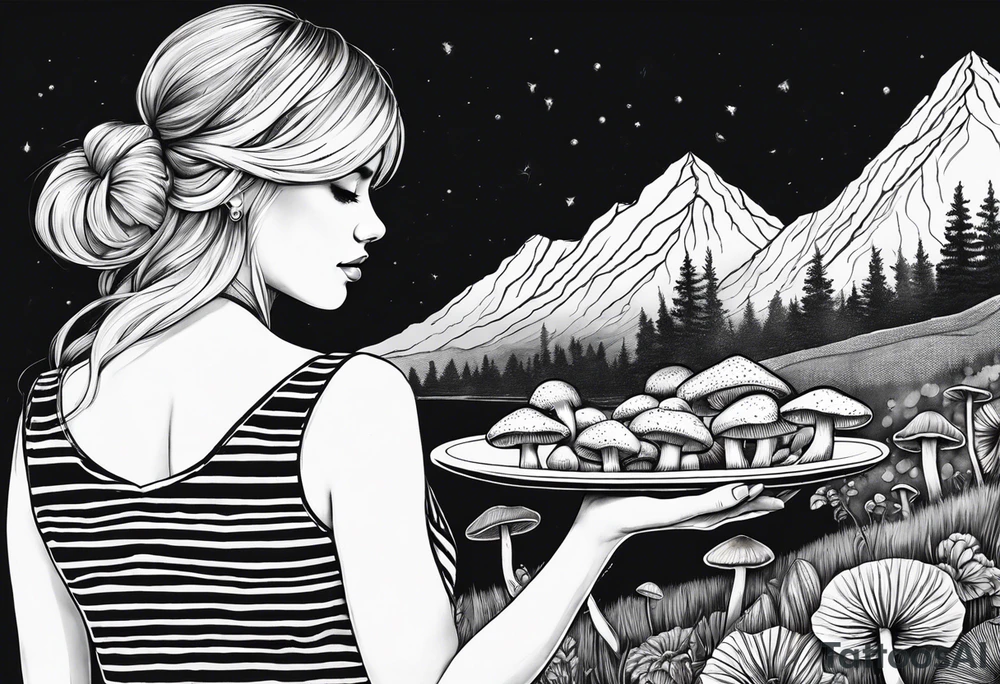 Straight blonde hair girl holding mushrooms in hand facing away toward mountains surrounded by mushrooms circular design black and white striped dress tattoo idea