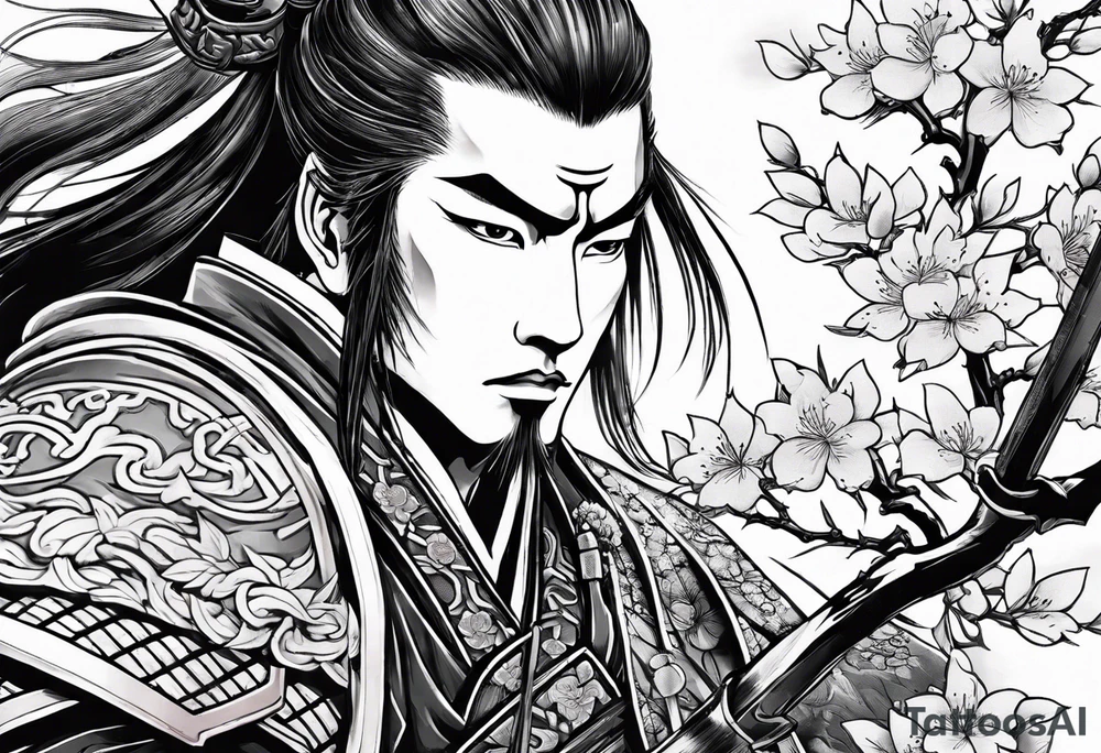samurai with with in blood, for a forearm
Should contains sakura leaves 
The tatoo should show i have dedication, respect and inner strength, and I try to become better everyday tattoo idea