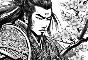 samurai with with in blood, for a forearm
Should contains sakura leaves 
The tatoo should show i have dedication, respect and inner strength, and I try to become better everyday tattoo idea