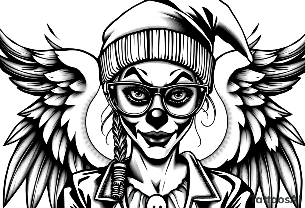 Clown Girl eye glasses
Thug Beanie Angelic Wings tattoo idea