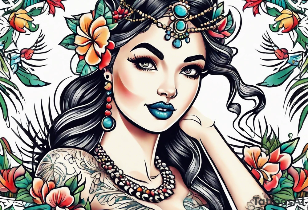 Old School Tattoo Style, Hula Girl dancing, full body, white background --no skin tattoo idea