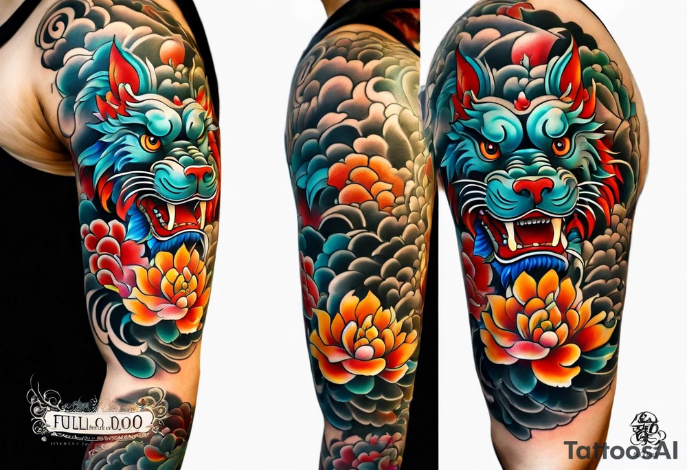 foo dog full body leg sleeve tattoo idea