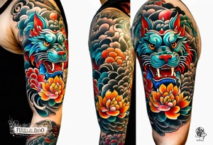 foo dog full body leg sleeve tattoo idea