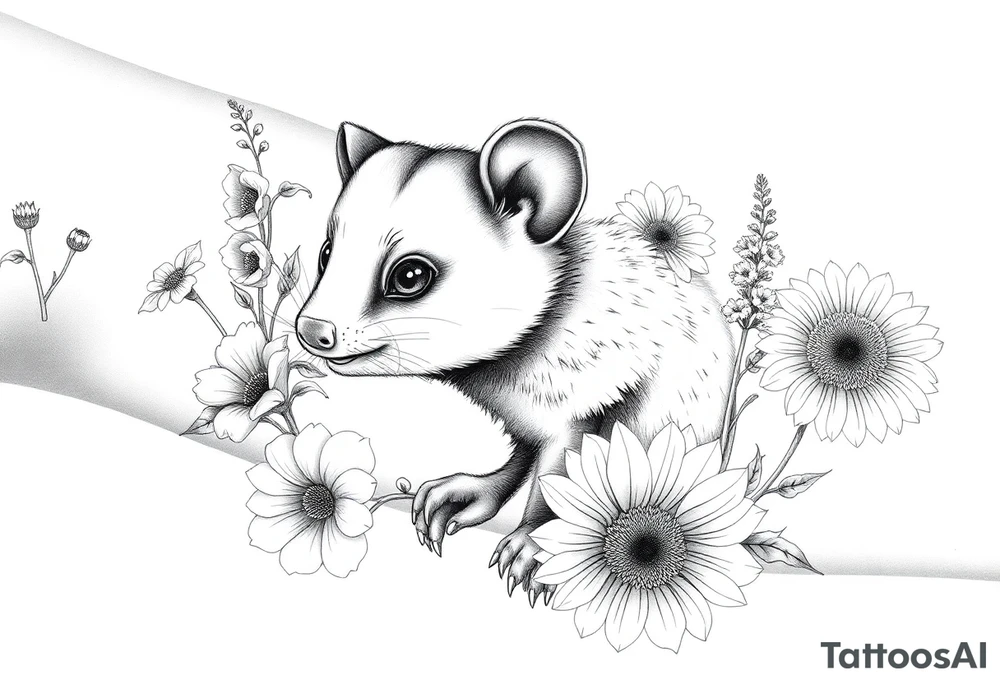 Sweet Virginia opossum with doe eyes surrounded by hellebores, lantana, foxglove and sunflowers with shading tattoo idea