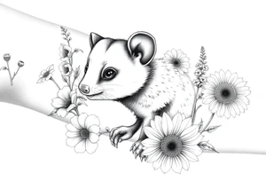Sweet Virginia opossum with doe eyes surrounded by hellebores, lantana, foxglove and sunflowers with shading tattoo idea