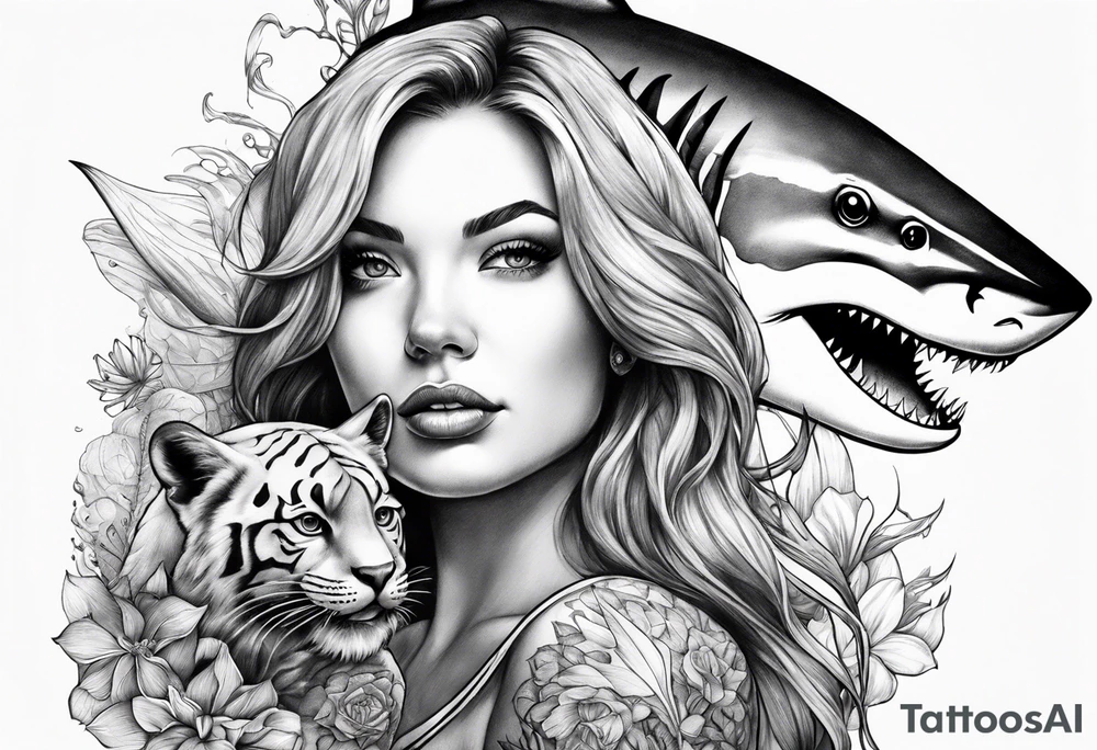 Mermaid with great white shark and tiger shark tattoo idea