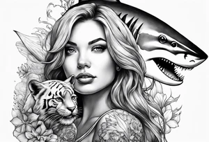 Mermaid with great white shark and tiger shark tattoo idea