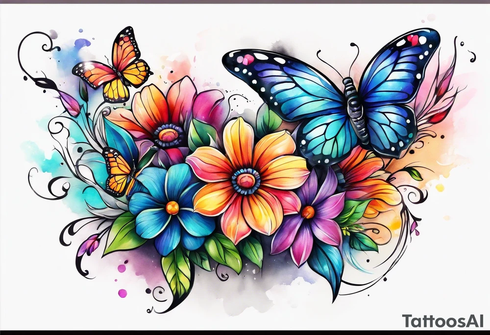 Arm sleeve with rainbow flowers and butterflies tattoo idea