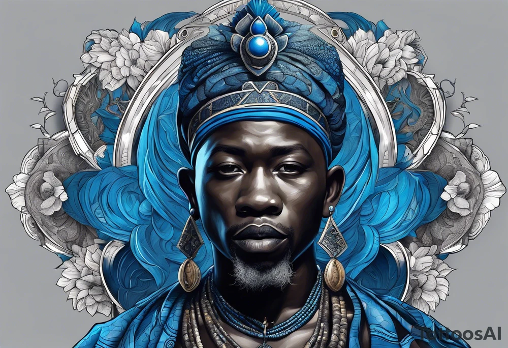 guerreiro Ogun africano realista de corpo inteiro em preto e cinza com tons de azul
 no fudo savana tattoo idea