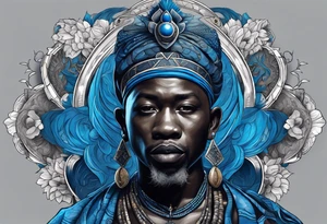 guerreiro Ogun africano realista de corpo inteiro em preto e cinza com tons de azul
 no fudo savana tattoo idea