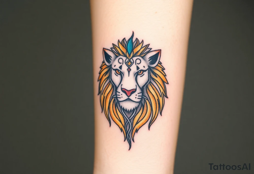 A highly detailed line-art Czech lion, with intricate patterns in its mane and subtle golden, blue, red shading for a regal look. tattoo idea