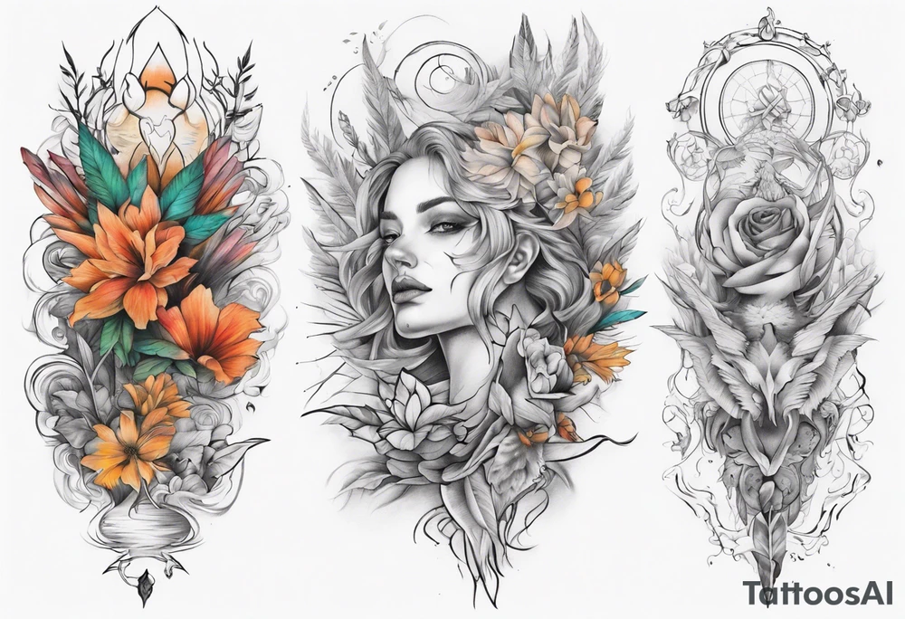 Full Back tattoo fine line with nature and some
Colors tattoo idea